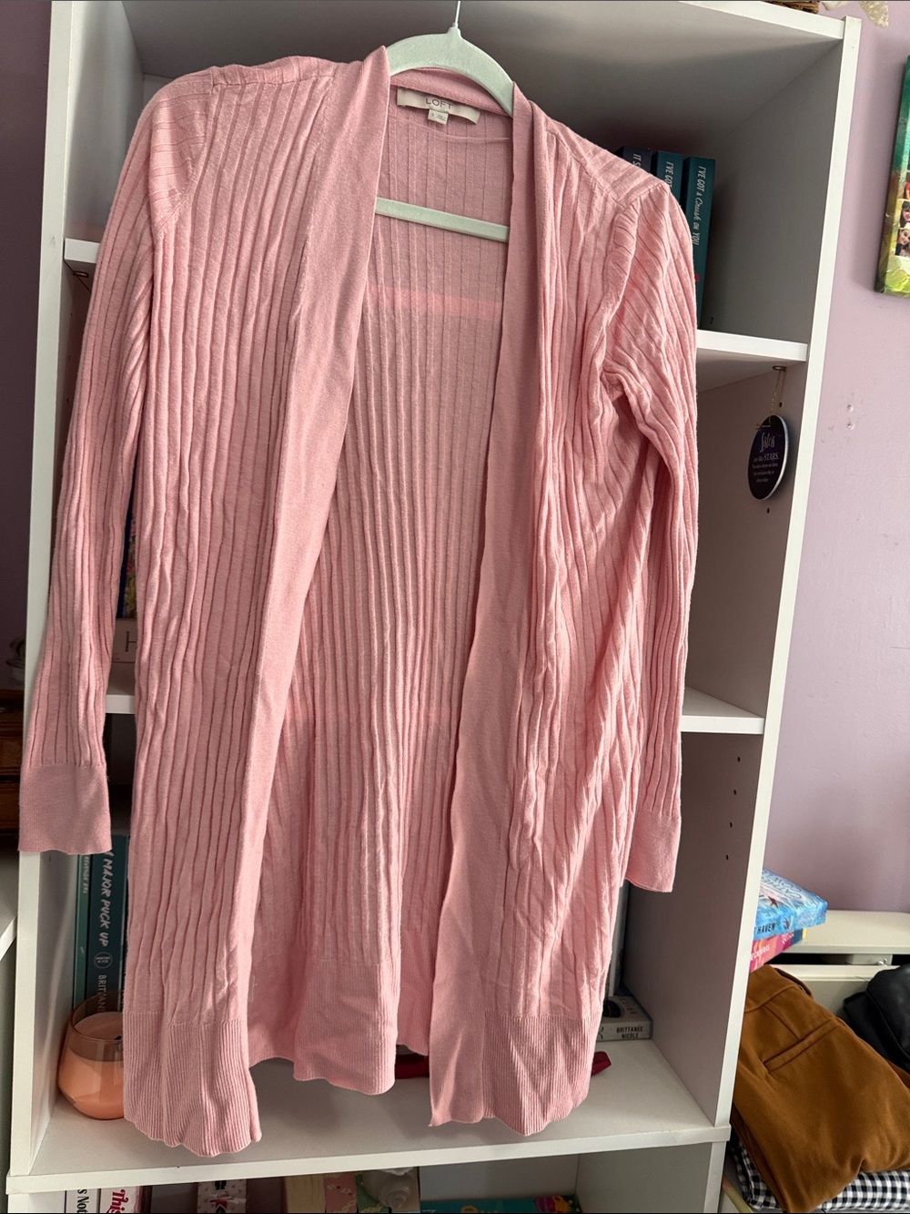 LOFT Pink Ribbed Open-Front Long Cardigan